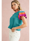 Bright Pink Contrast Sleeve Striped Round Neck Knitted Tee