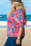 Rose Plus Size Floral Print Frill Neck Smocked Puff Sleeve Blouse