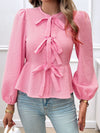 Devine Tied Round Neck Long Sleeve Blouse - Cocoa Yacht Club