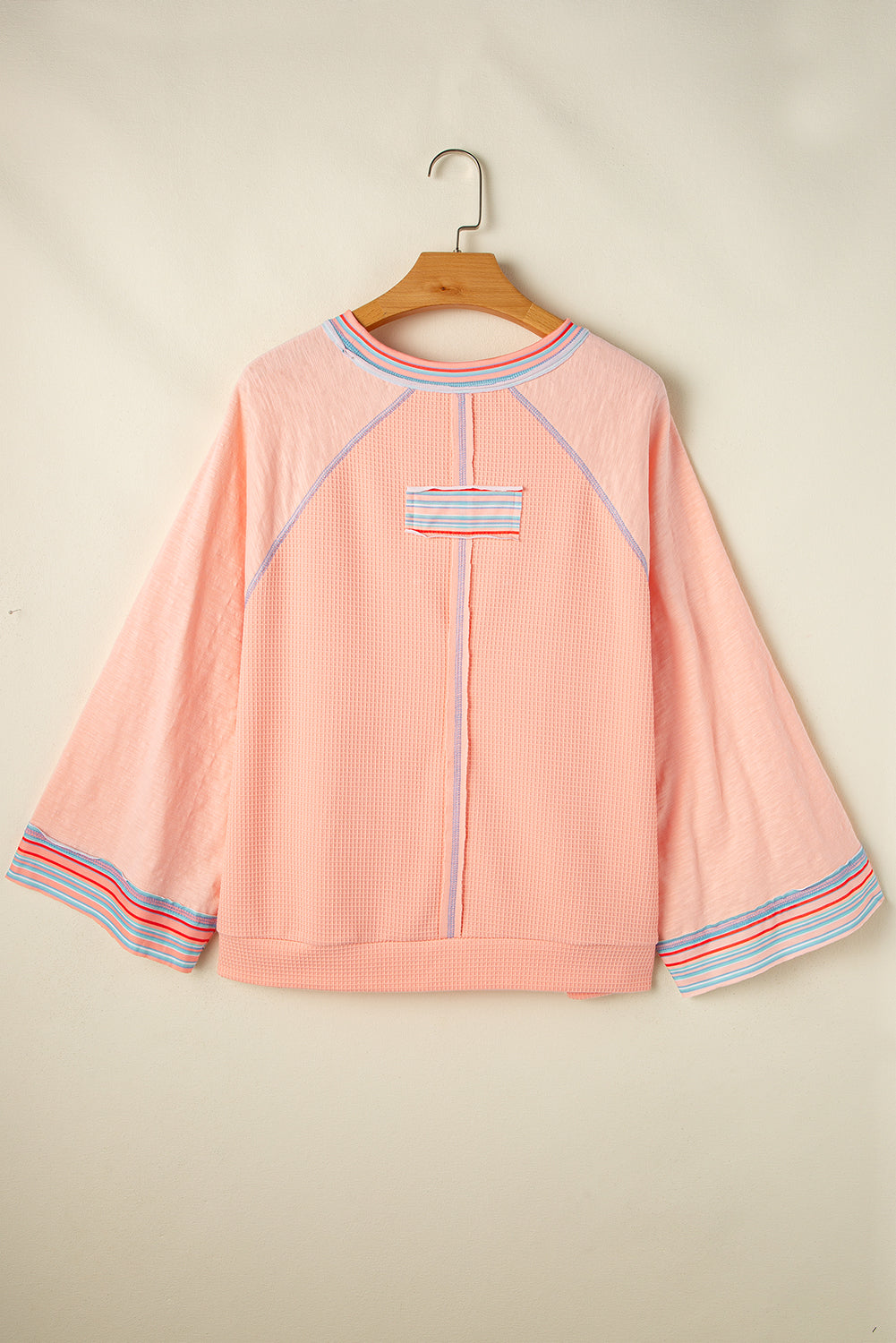 Grapefruit Orange Patchwork Long Sleeve Waffle Top