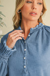 Sky Blue Frilled Raw Hem Half Buttoned Denim Top