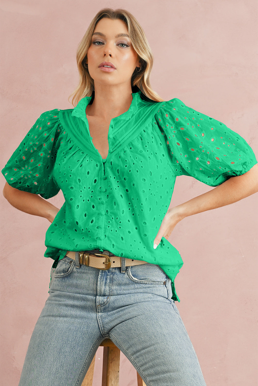 Bonbon Hollow-out Flower Embroidered Short Puff Sleeve Blouse