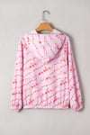 Pink Floral Print Half Zip Kangaroo Pouch Drawstring Hoodie