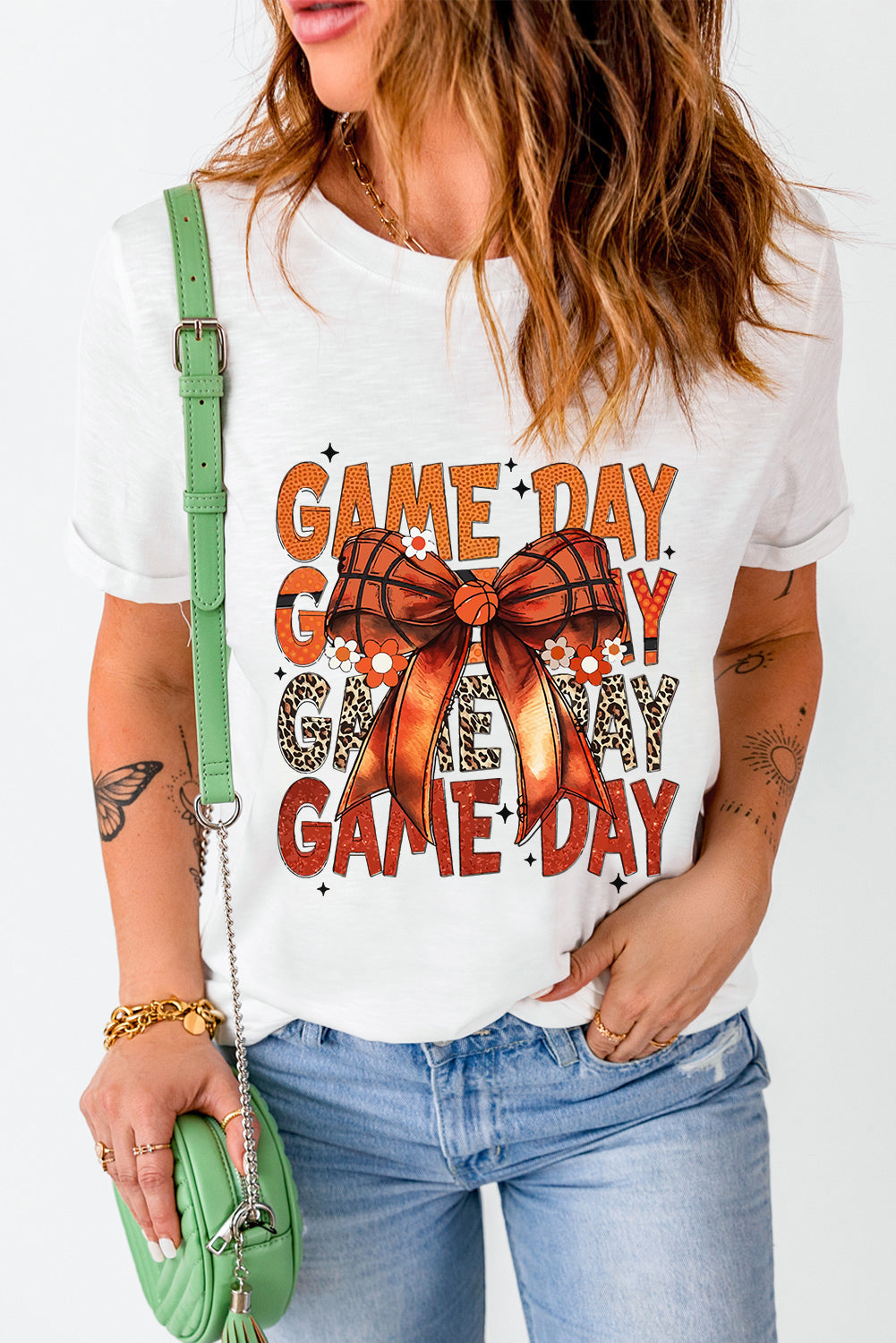 White GAME DAY Bowknot Round Neck T Shirt