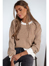 Coffee Stripe Contrast Edge Crew Neck Drop Shoulder Sweater