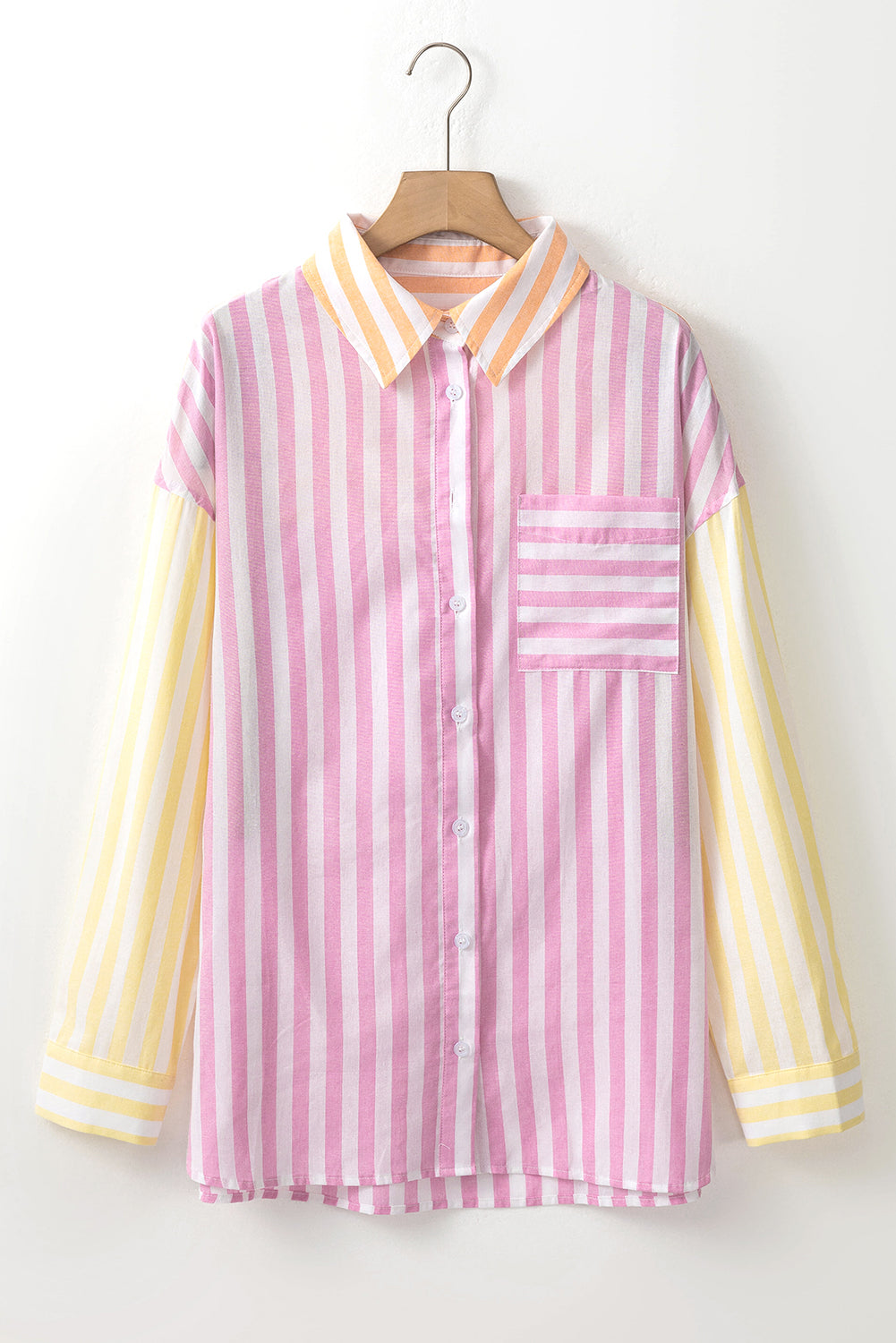 Pink Stripe Contrast Collar Long Sleeve Shirt