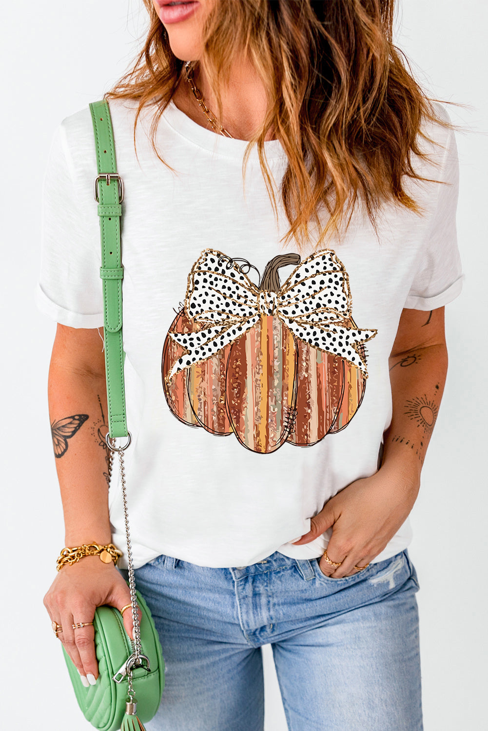 White Thanksgiving Bowknot Pumpkin Print Graphic T Shirt