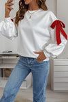 White Bow Knot Long Sleeve Crewneck Casual Sweatshirt