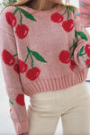Pink Cherry Print Round Neck Knit Sweater