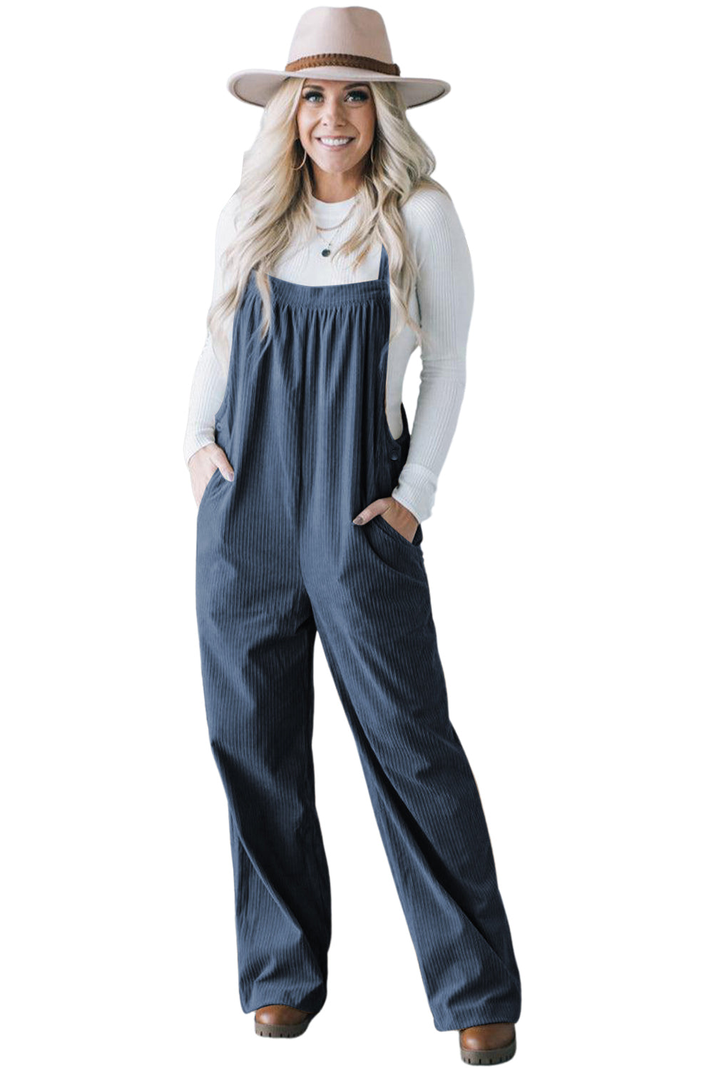 Gray Morn Plain Pocketed Loose Fit Corduroy Overalls