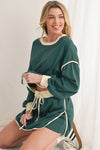 Coffee Contrast Trim Loose Pullover and Lace-up Waist Skort Set