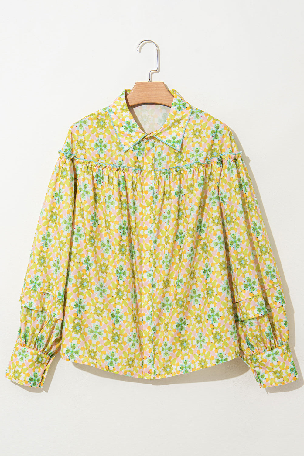 Green Boho Floral Frill Detail Long Sleeve Blouse