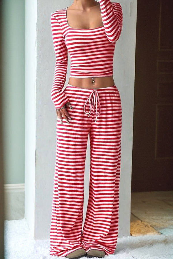 Fiery Red Striped Crop Top and Drawstring Waist Pants Casual Set