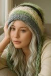 Spinach Green Plush Striped Knit Ear Warm Beanie Hat