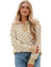 Apricot Checkered Buttons Collar V Neck Drop Shoulder Sweater