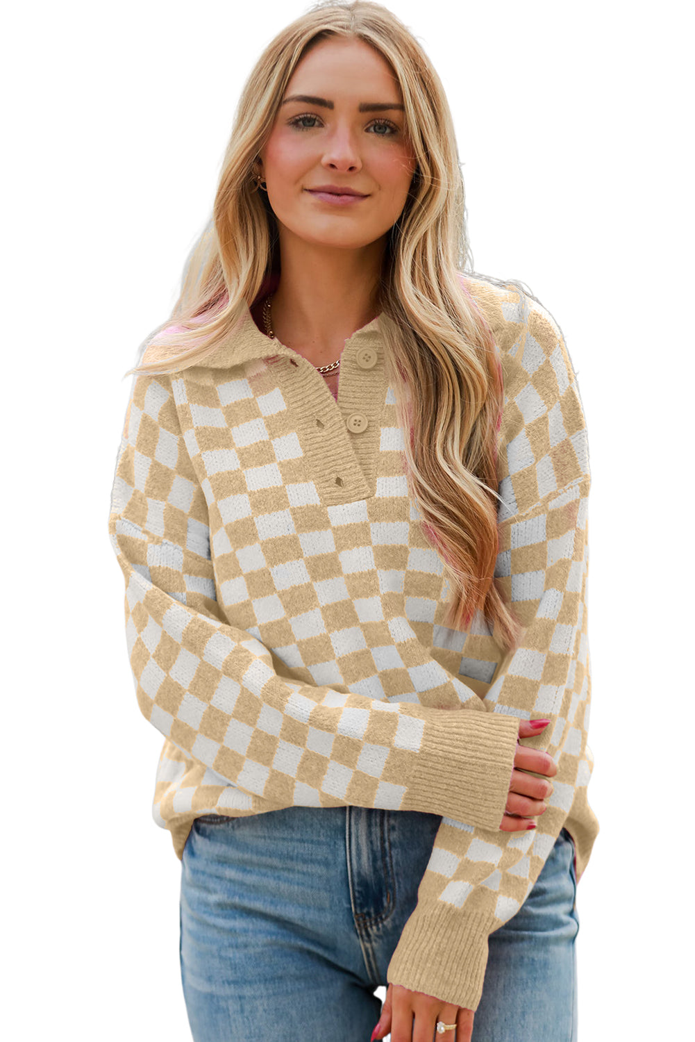 Apricot Checkered Buttons Collar V Neck Drop Shoulder Sweater