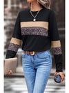 Khaki Leopard Colorblock Patchwork Crew Neck Top