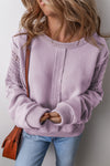 Sweatshirts & Hoodies Orchid Petal Crochet Patchwork Exposed Seam Ribbed Trim Sweatshirt.