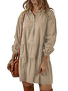 Tan Puff Sleeve Buttoned Tiered Pleated Mini Shirt Dress