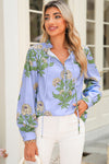 Sky Blue Floral Print V Neck Bubble Sleeve Blouse