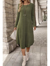 Ribbed Curved Hem Round Neck Long Sleeve Dress