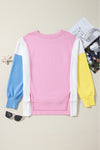 Bonbon Color Block Exposed Seam Patchwork Side Slits Sweatshirt