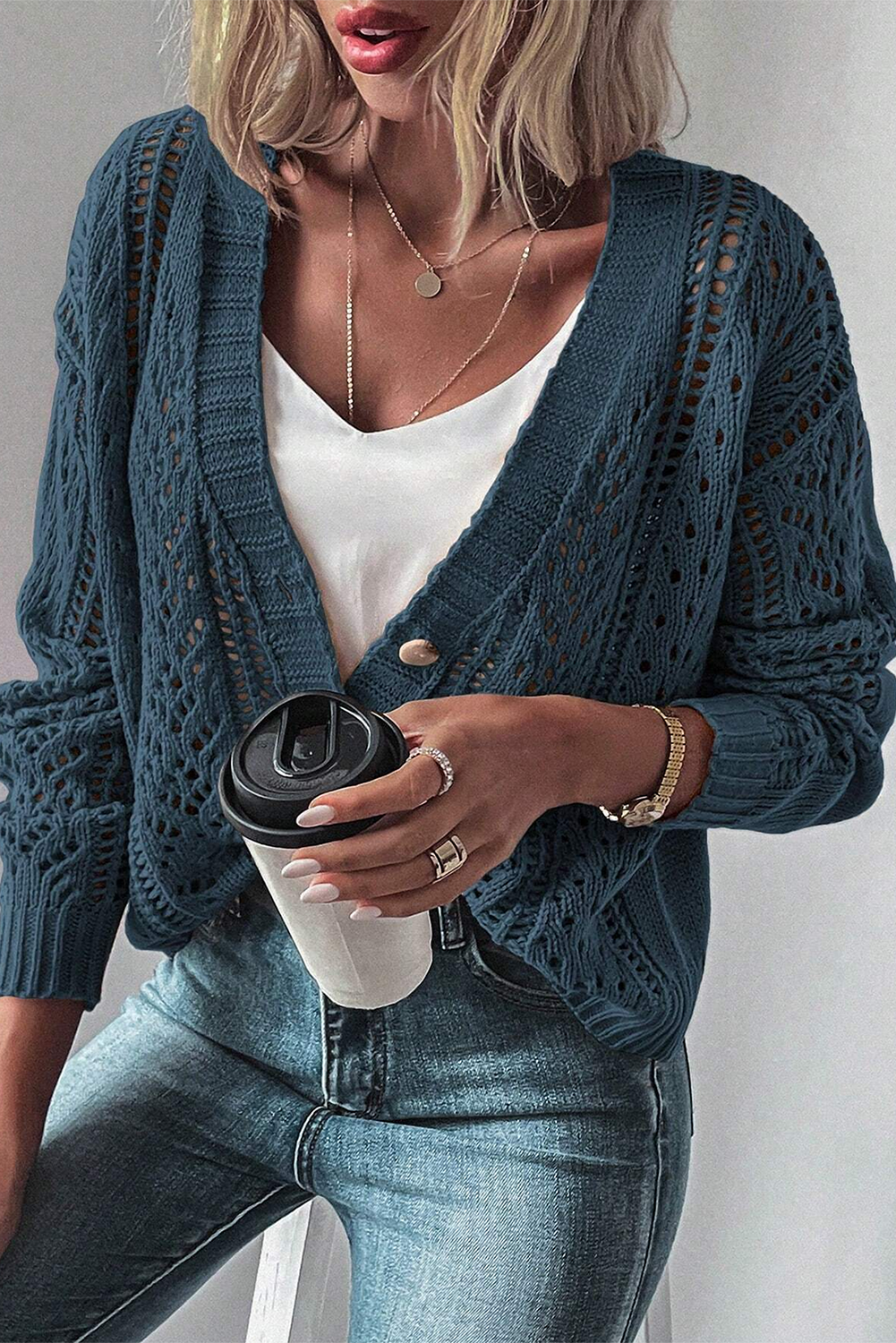 Beige Hollow Knit Drop Shoulder Cardigan