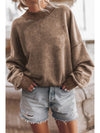 Brown Plain Drop Shoulder Crew Neck Pullover Sweatshirt