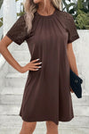 Dark Brown Contrast Lace Raglan Sleeve Pleated Detail Shift Dress