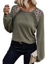 Moss Green Leopard Print Patchwork Crochet Rib Textured Top