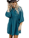 Light Blue Snap Button Empire Waist Lantern Sleeve Corduroy Dress