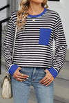 Long Sleeve Tops Black Striped Contrast Edge Loose Pocketed Long Sleeve Top.