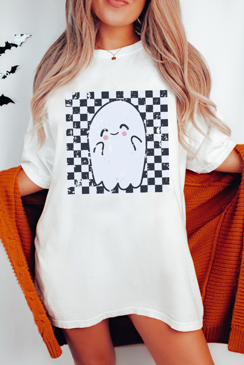 White Checkered Ghost Print Crew Neck Oversized T Shirt