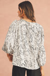 Beige Abstract Print Balloon Sleeve Crew Neck Blouse