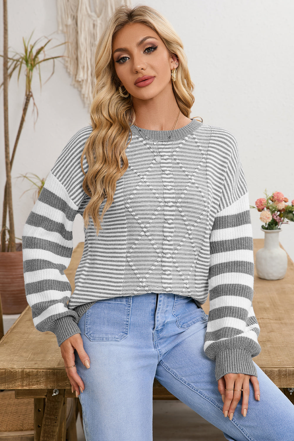 Red Stripe Twisted Knitted Drop Shoulder Sweater