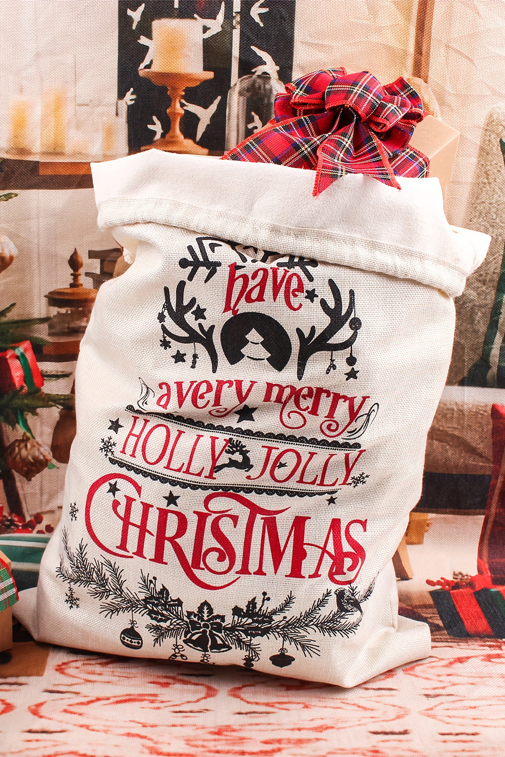 White Christmas Pattern Print Drawstring Large Gift Sack