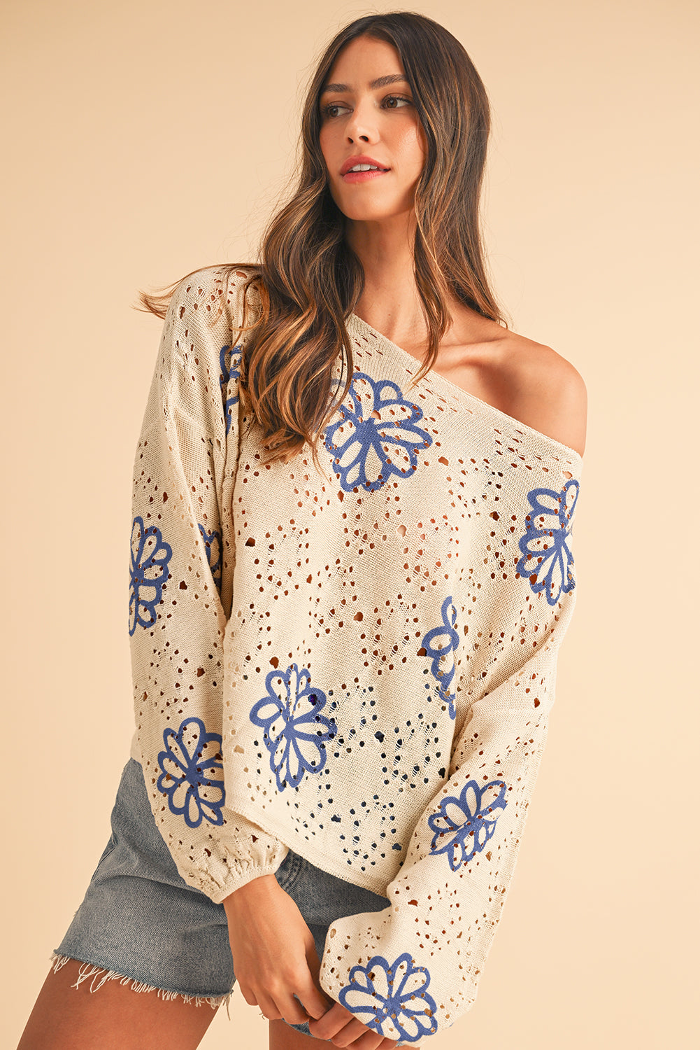 White Flower Print Drop Shoulder Hollow Knit Sweater