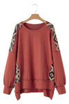 Redwood Burl Aztec Patchwork Drop Shoulder Plus Size High Low Sweatshirt