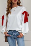 White Bow Knot Long Sleeve Crewneck Casual Sweatshirt