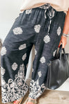 Black Bohemian Print Drawstring Waist Plus Size Wide Leg Pants