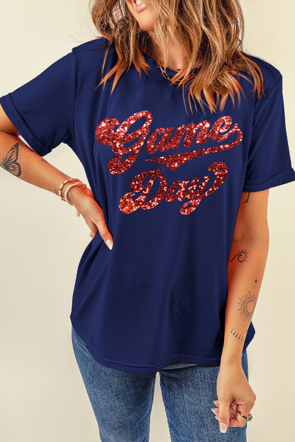 Blue Game Day Graphic Cuffed Sleeve Crew Neck T Shirt