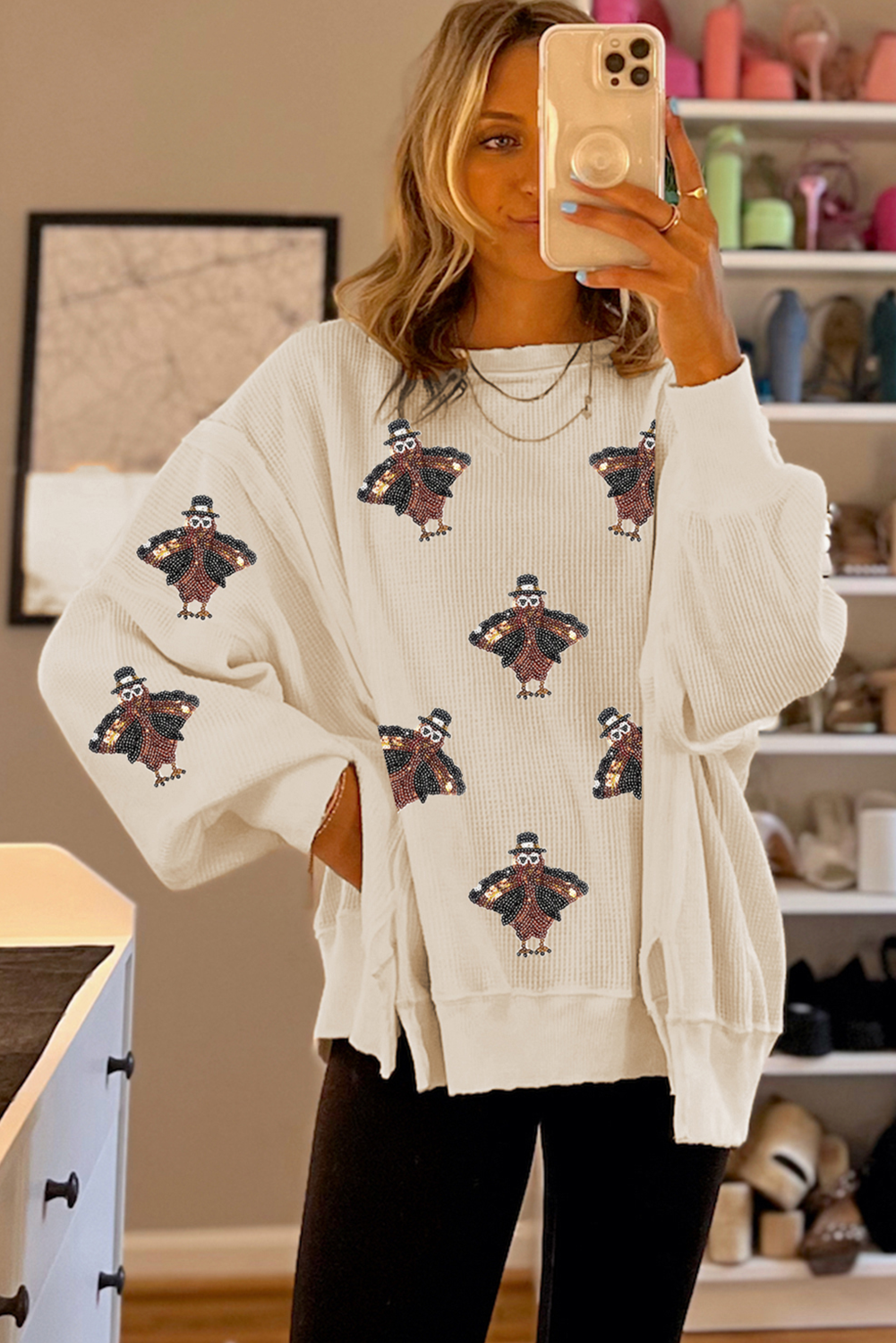 White SequinsTurkey Waffle Oversized Knit Long Sleeve Top