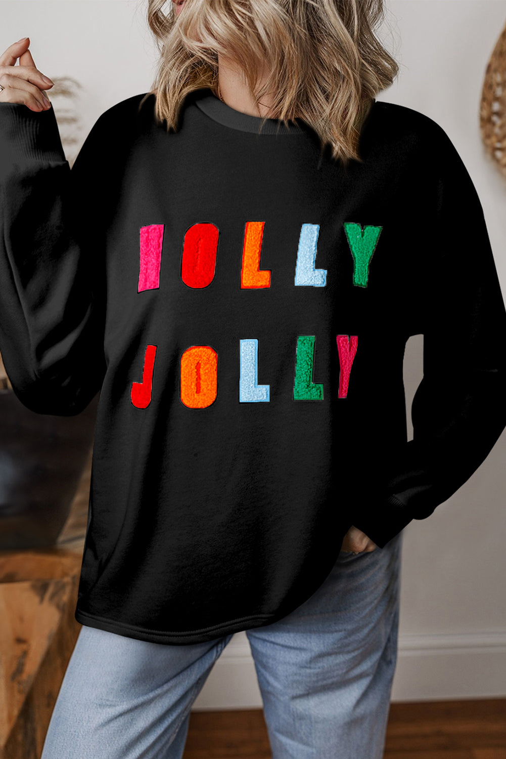 Black Chenille Holly Jolly Graphic Christmas Long Sleeve Top