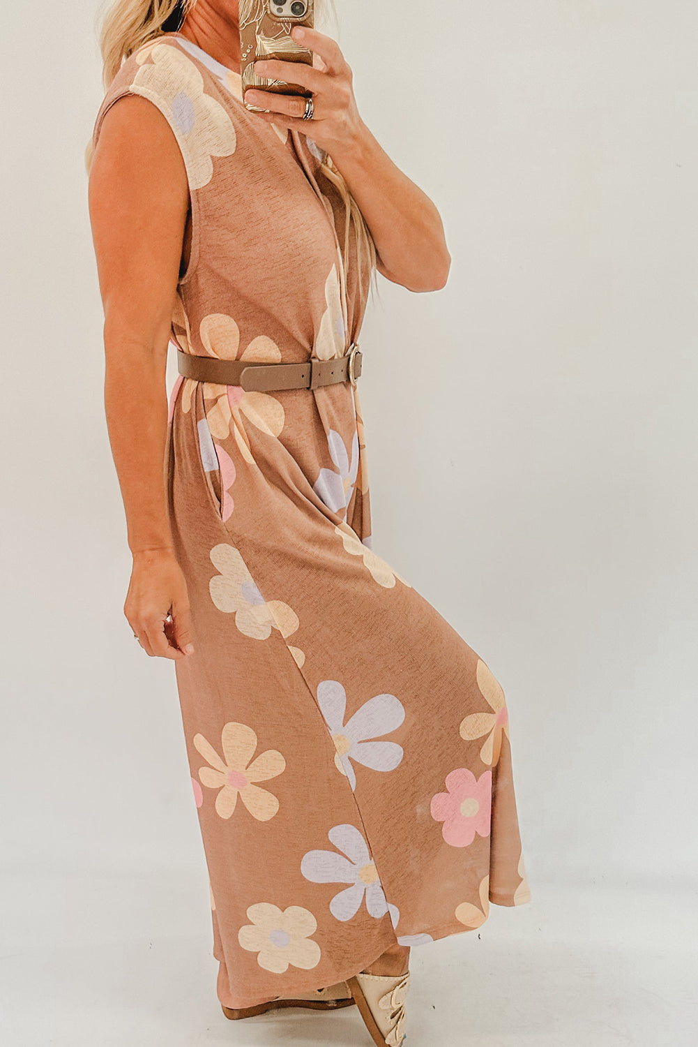 Khaki Floral Print Sleeveless Button up Wide Leg Loose Jumpsuit