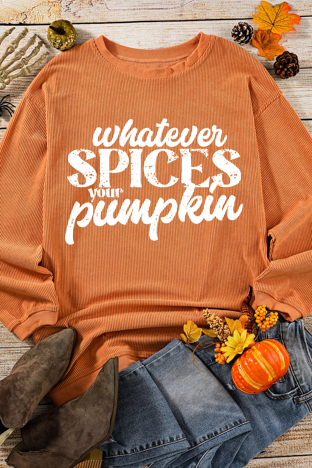 Orange Crinkle Rib Whatever Spices Your Pumpkin Graphic Sweatshirt