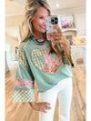 Aqua Plaid Floral Patchwork Heart Long Sleeve Top