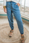 Dusk Blue Drawstring Waist Pocketed Plus Size Denim Joggers