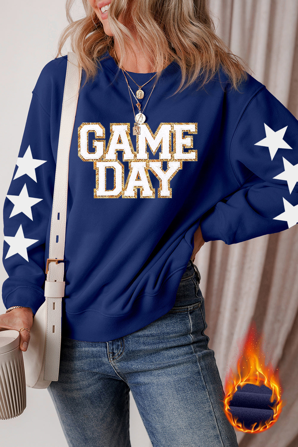 Navy Blue GAME DAY Star Sleeve Graphic Pullover Sweatshirt