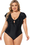 Black Ruffle Sleeve Lace-up V Neck Plus Size One Piece Swimsuit