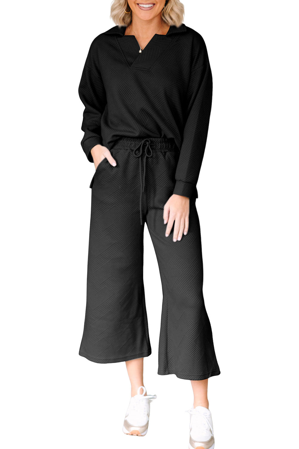 Bonbon Solid Textured Collared V Neck Top and Wide Leg Pants Set